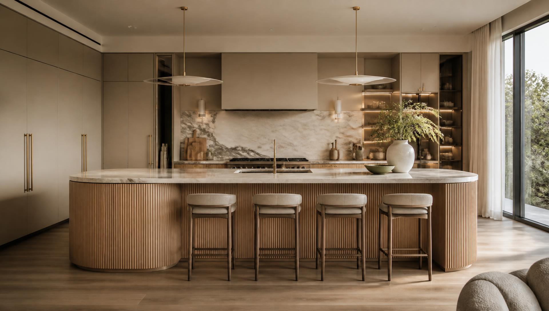 Fluted oak island kitchen with marble waterfall counter